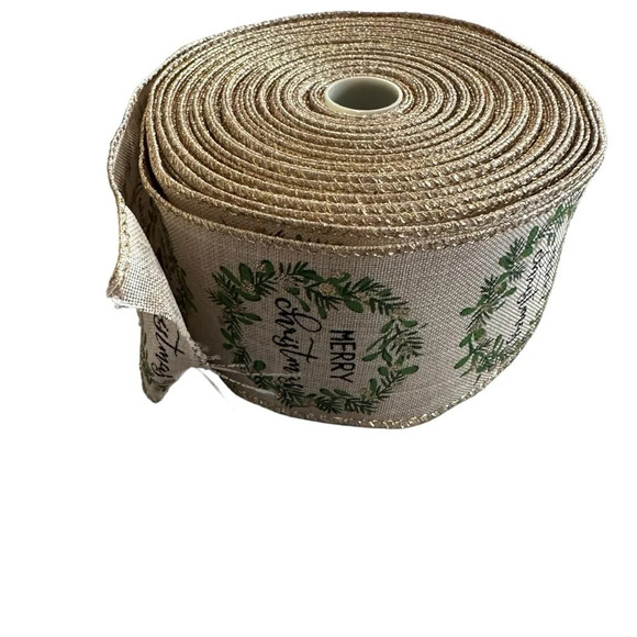 2.5” Natural Merry Christmas Wired Ribbon with Green & Gold Holiday Leaf Wreath - Picture 3 of 4